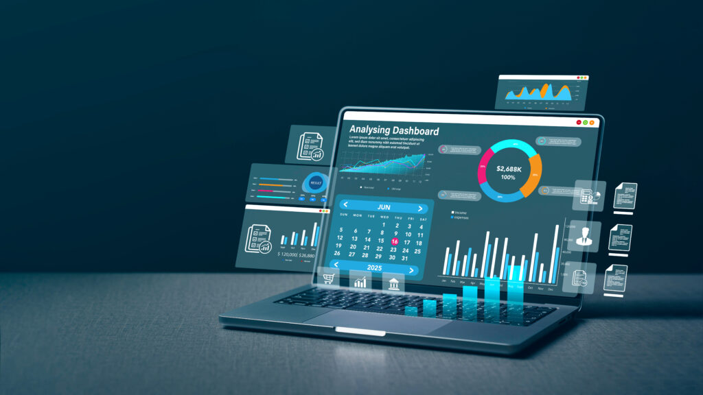 Dashboard finance management on laptop computer analyzing sales data and growth graph chart report. Business planning, strategy and development. Financial accounting. market research, data analysis