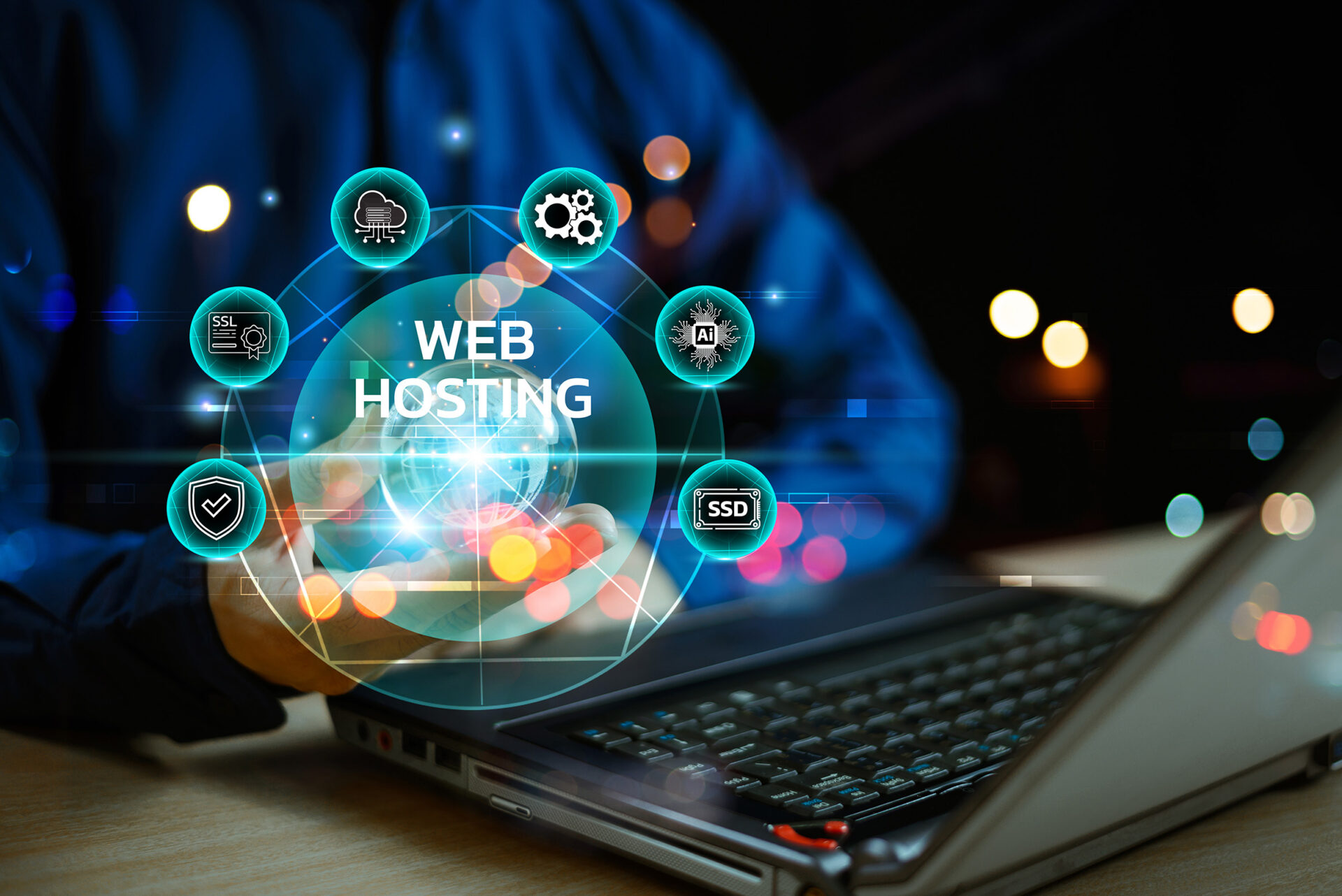 law firm website hosting concept with hands holding ai image in front of laptop
