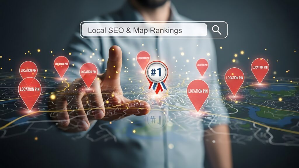 Smartphone displaying local business listings and star ratings from Google Business Profile search results.