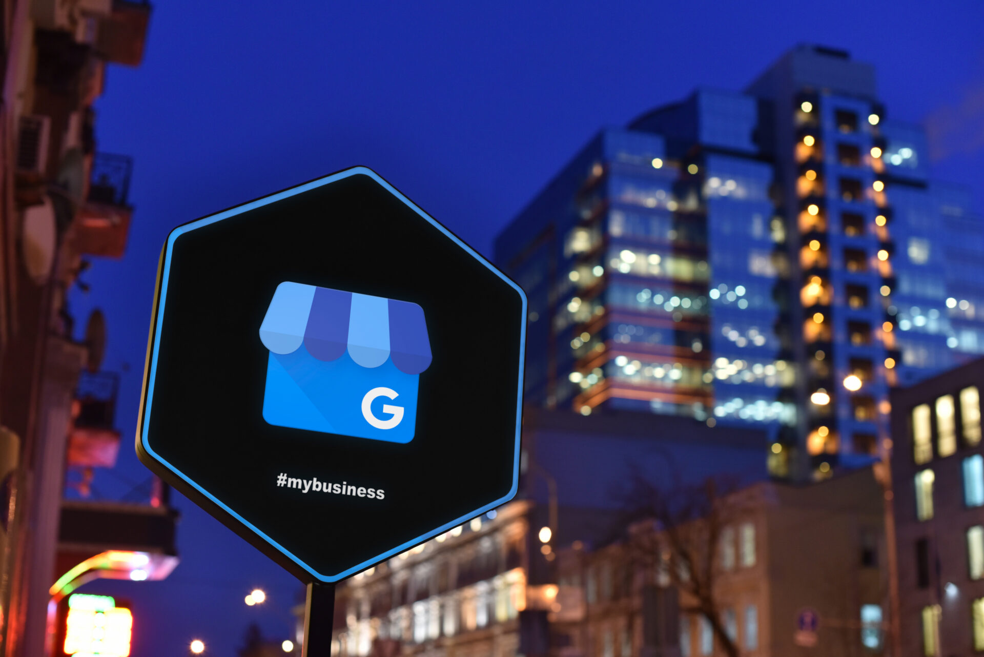 Google Business Profile icon displayed in a city setting highlighting local search visibility for law firms.