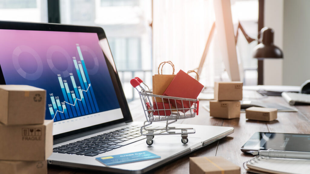 Online store performance dashboard with shopping cart and product boxes illustrating Google Ads for eCommerce revenue growth