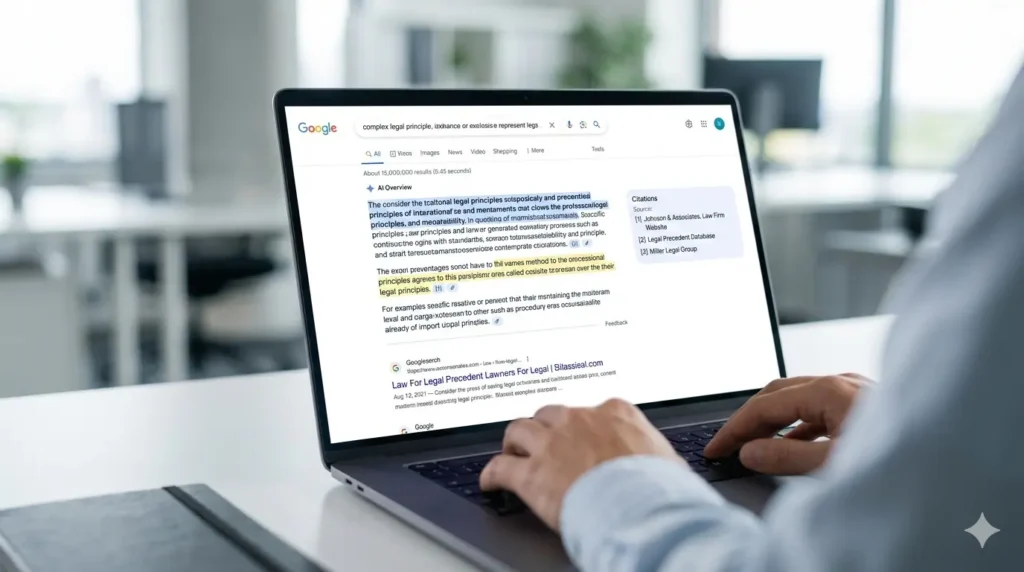 laptop screen with ai-generated legal answer summary how ai search tools and google ai overviews impact legal marketing visibility