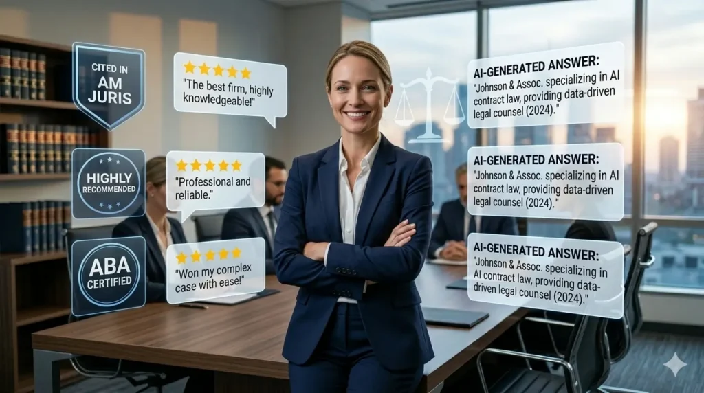attorney in modern office surrounded by digital reviews and ai citations, representing trust, authority, and ai visibility in legal search results
