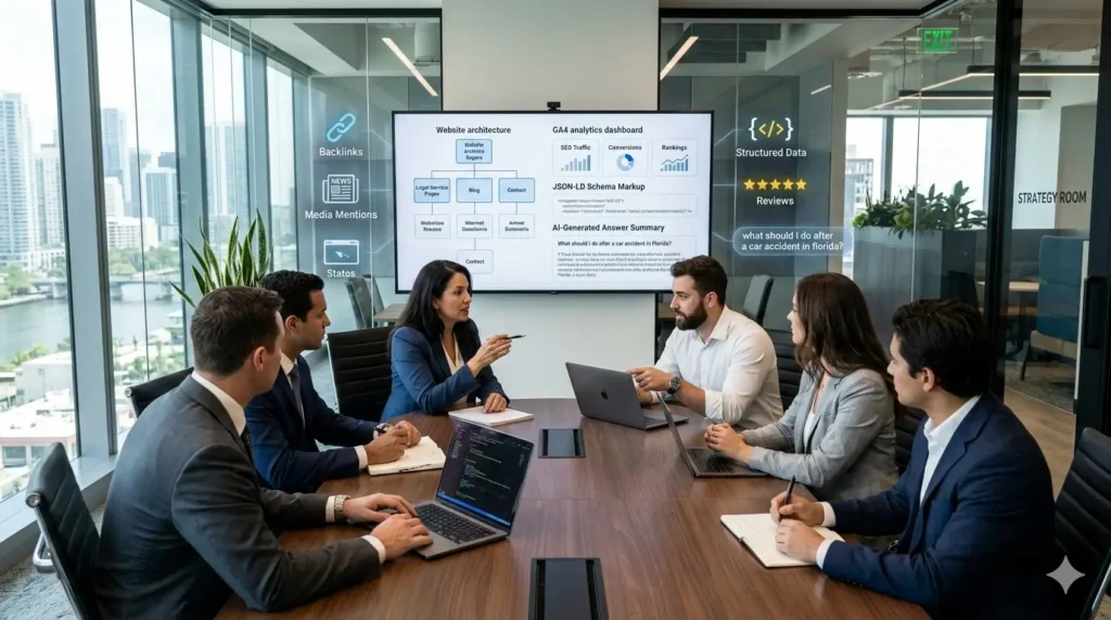 law firm leadership team meeting around conference table strategic framework for building ai visibility and digital authority