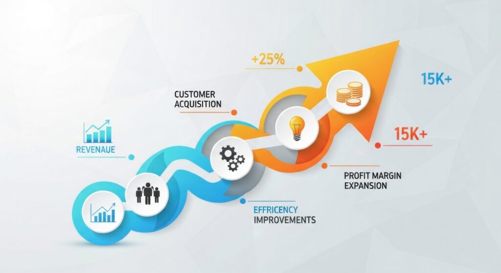 Marketing performance infographic illustrating how Google Ads for eCommerce improves revenue, efficiency, and customer acquisition